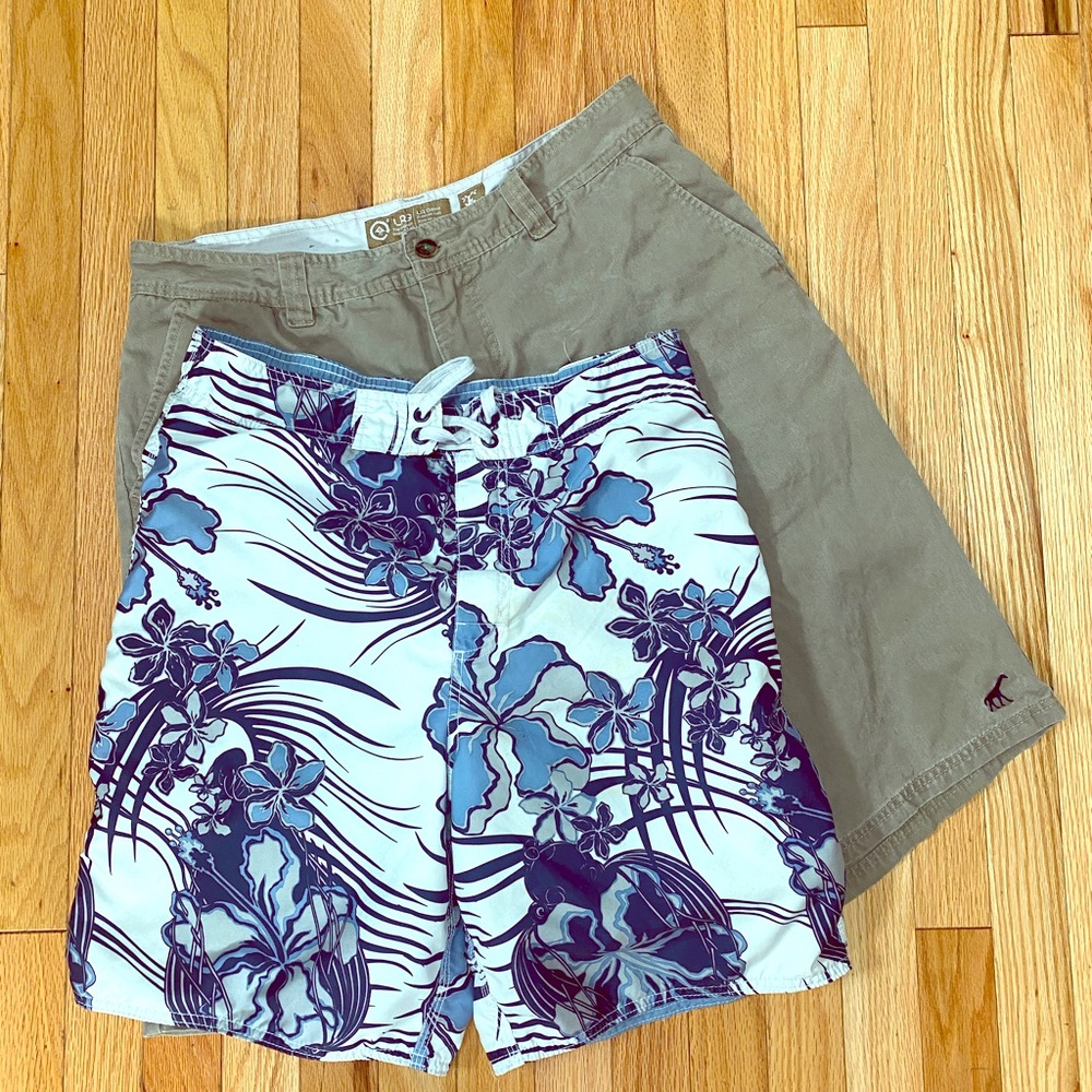 Old Navy swim trunks and LRG Khaki Shorts